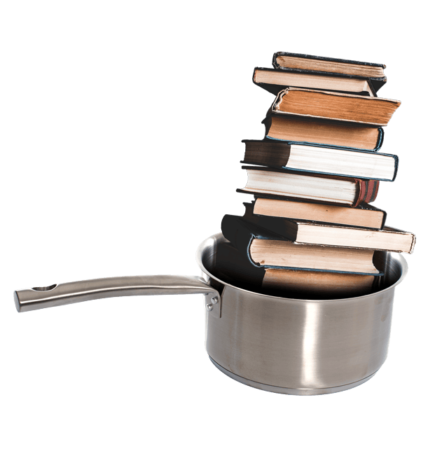 Casserole qui chauffe une pile de livres